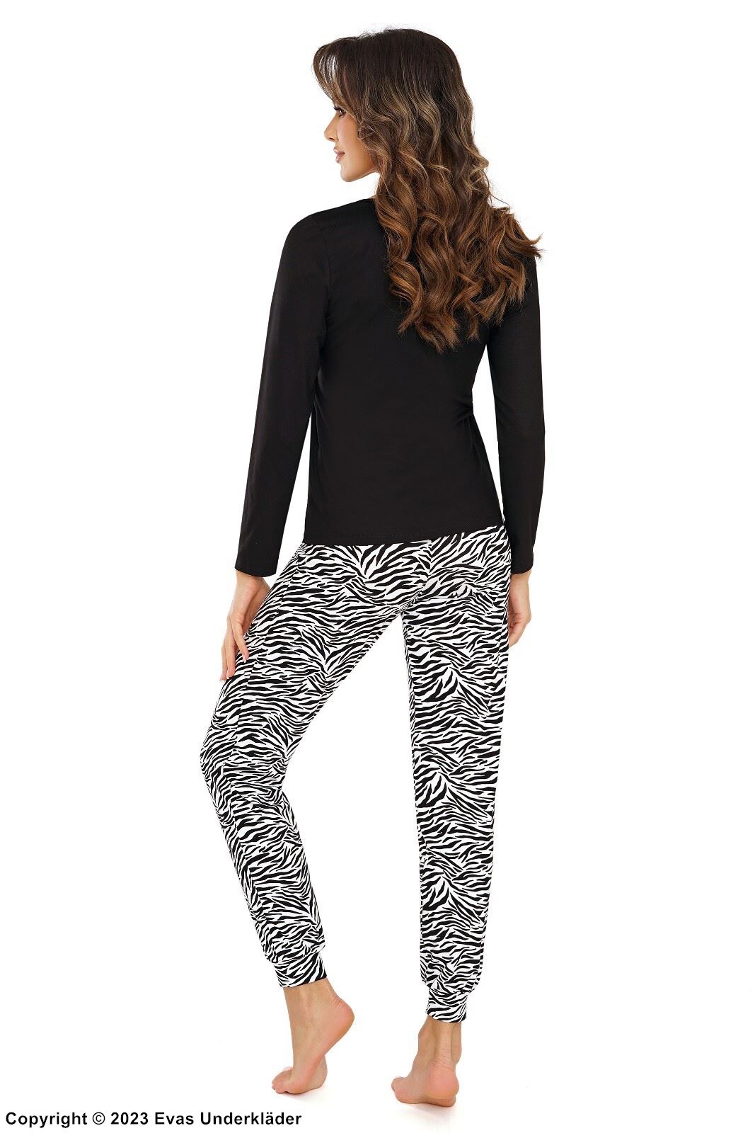 Top and pants pajamas, long sleeves, lace inlay, zebra